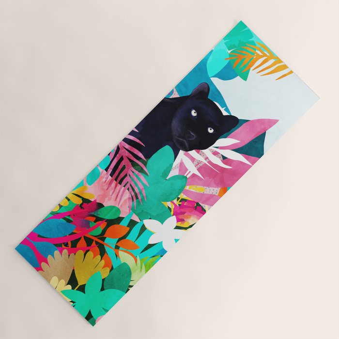The Black Panther, Tropical Jungle Watercolor Painting, Botanical Forest Colorful Bohemian Illustration, Tiger Leopard Cheetah Animals Yoga Mat Gallery Image 1