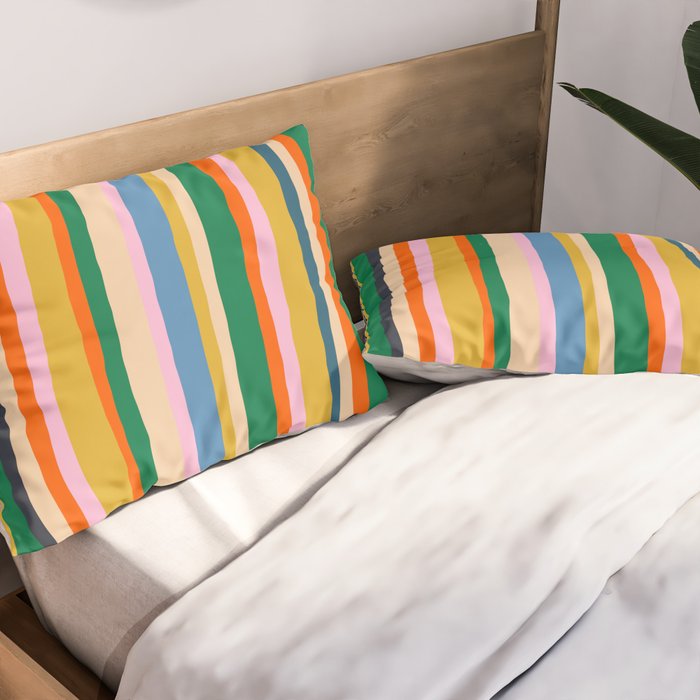 Colorful Summer Stripes Vertical Pattern Green Mustard Orange Pink Blue Pillow Sham Gallery Image 2