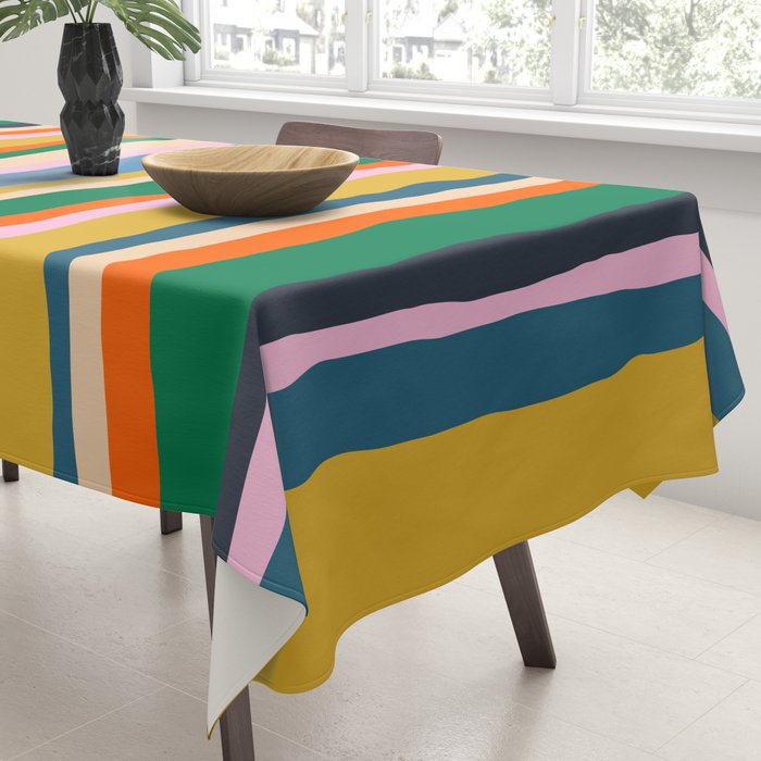 Colorful Summer Stripes Vertical Pattern Green Mustard Orange Pink Blue Tablecloth Gallery Image 3