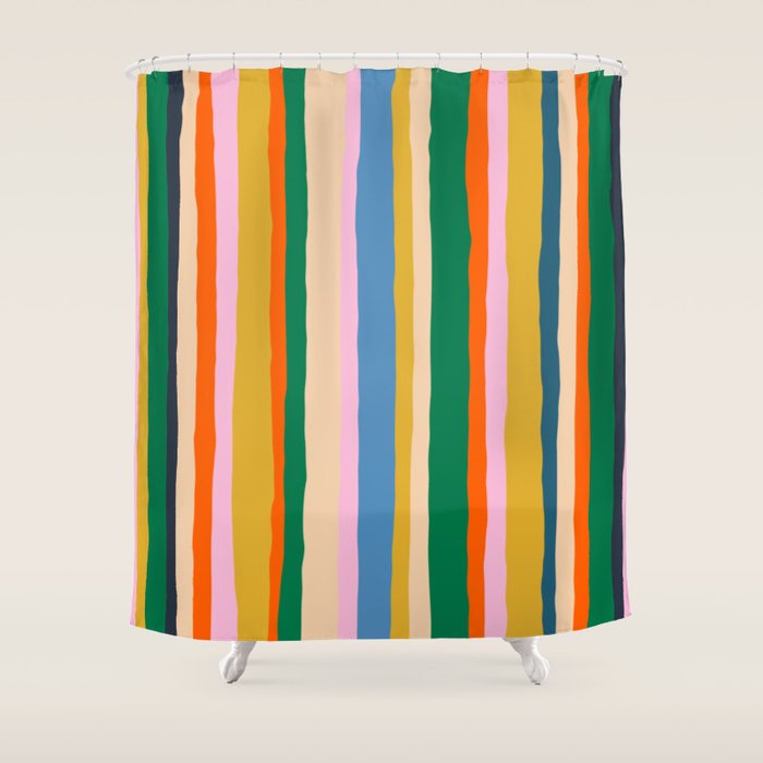 Colorful Summer Stripes Vertical Pattern Green Mustard Orange Pink Blue Shower Curtain Gallery Image 1