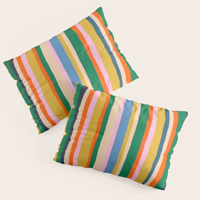 Colorful Summer Stripes Vertical Pattern Green Mustard Orange Pink Blue Pillow Sham Gallery Image 1