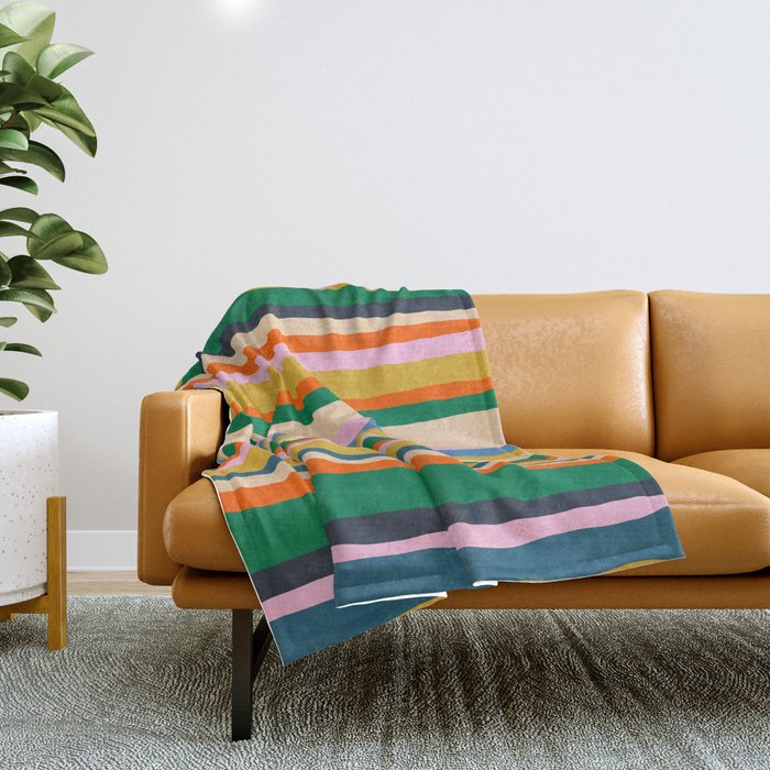 Colorful Summer Stripes Vertical Pattern Green Mustard Orange Pink Blue Throw Blanket Gallery Image 1