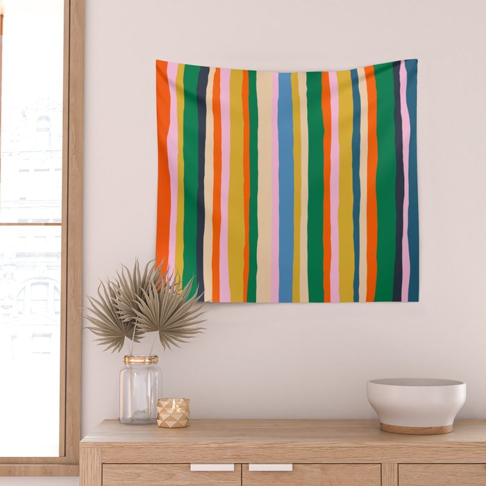 Colorful Summer Stripes Vertical Pattern Green Mustard Orange Pink Blue Wall Tapestry Gallery Image 2