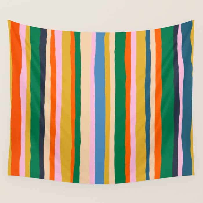 Colorful Summer Stripes Vertical Pattern Green Mustard Orange Pink Blue Wall Tapestry Gallery Image 4