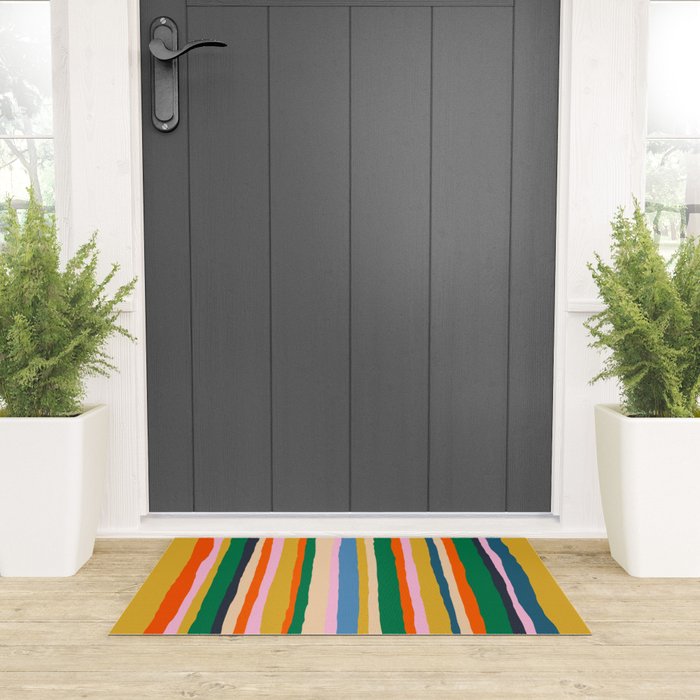 Colorful Summer Stripes Vertical Pattern Green Mustard Orange Pink Blue Welcome Mat Gallery Image 3