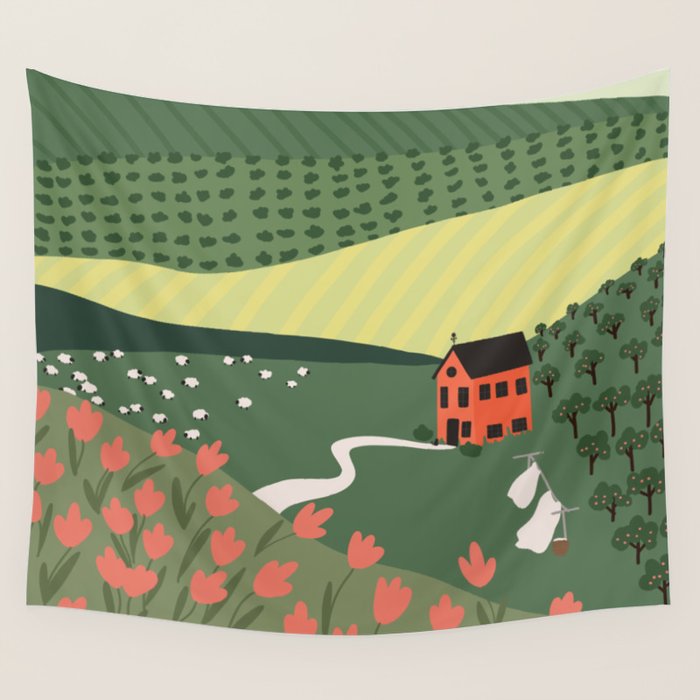 Idyllic Orchard Landscape Wall Tapestry Gallery Image 1