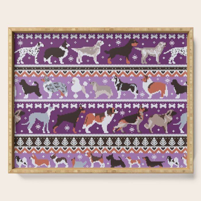 Fluffy and bright fair isle knitting doggie friends // seance purple and east side violet background brown orange white and grey dog breeds  Serving Tray Gallery Image 1