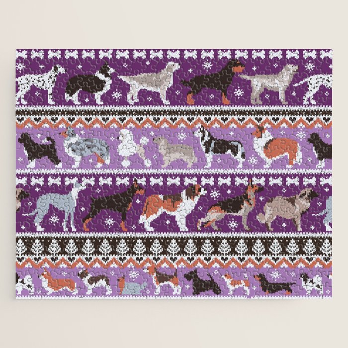 Fluffy and bright fair isle knitting doggie friends // seance purple and east side violet background brown orange white and grey dog breeds  Jigsaw Puzzle Gallery Image 1