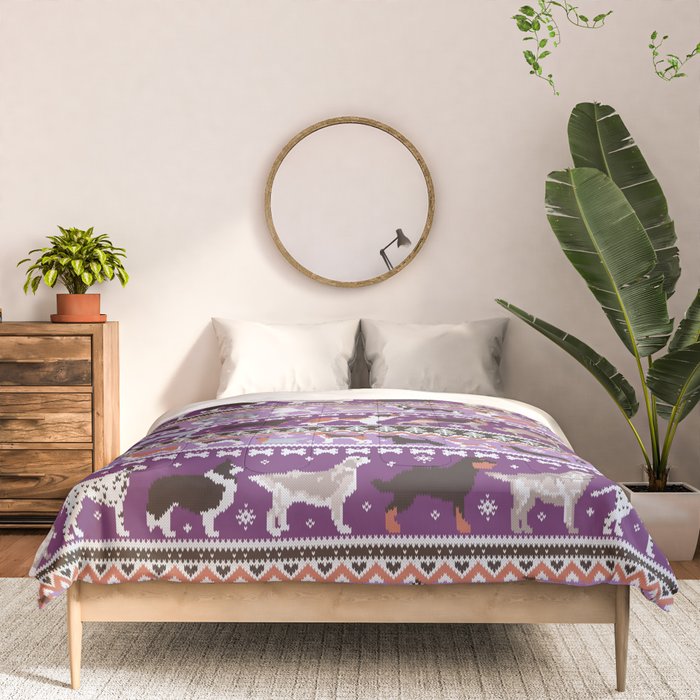 Fluffy and bright fair isle knitting doggie friends // seance purple and east side violet background brown orange white and grey dog breeds  Comforter Gallery Image 3