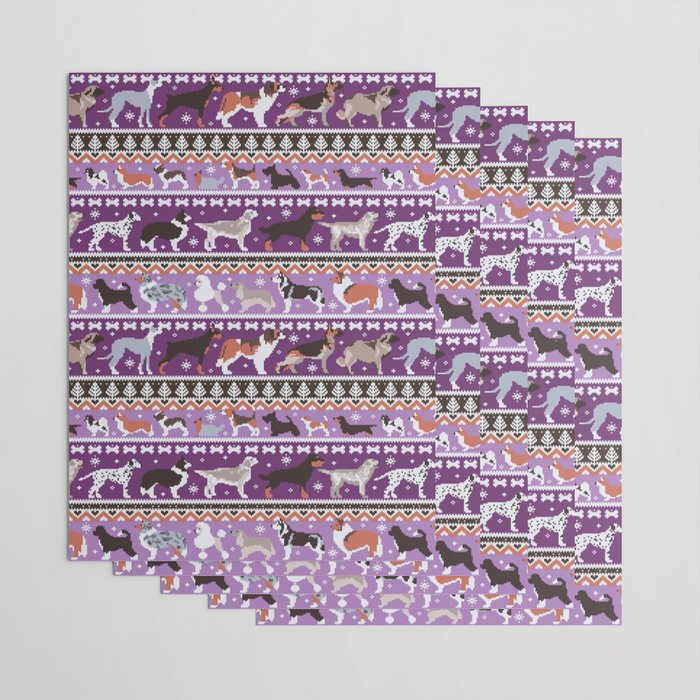 Fluffy and bright fair isle knitting doggie friends // seance purple and east side violet background brown orange white and grey dog breeds  Wrapping Paper Gallery Image 3