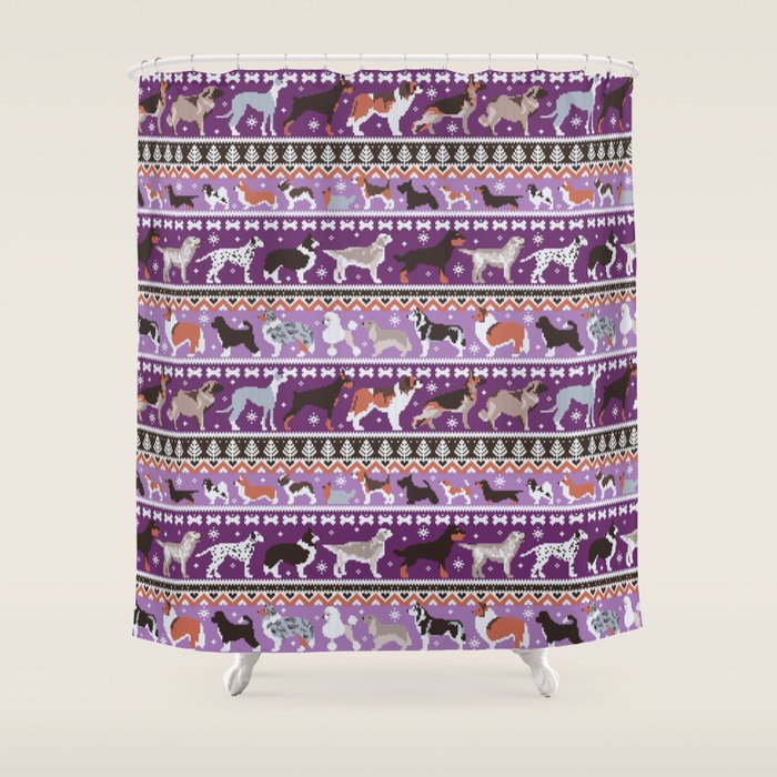 Fluffy and bright fair isle knitting doggie friends // seance purple and east side violet background brown orange white and grey dog breeds  Shower Curtain Gallery Image 1