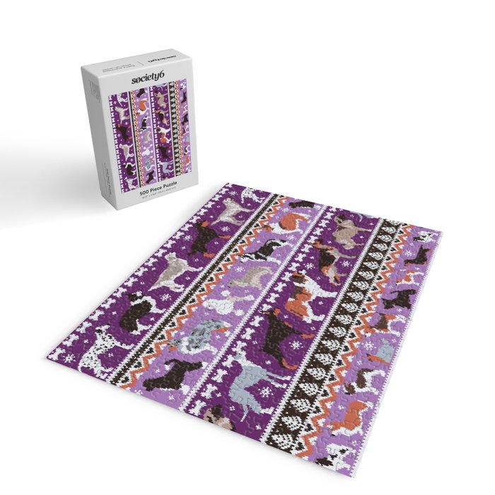 Fluffy and bright fair isle knitting doggie friends // seance purple and east side violet background brown orange white and grey dog breeds  Jigsaw Puzzle Gallery Image 2