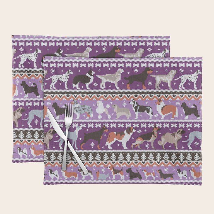 Fluffy and bright fair isle knitting doggie friends // seance purple and east side violet background brown orange white and grey dog breeds  Placemat Gallery Image 1