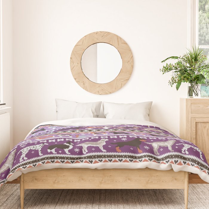 Fluffy and bright fair isle knitting doggie friends // seance purple and east side violet background brown orange white and grey dog breeds  Duvet Cover Gallery Image 3