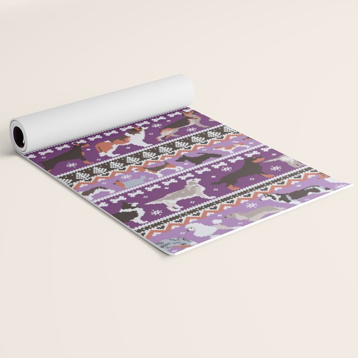 Fluffy and bright fair isle knitting doggie friends // seance purple and east side violet background brown orange white and grey dog breeds  Yoga Mat Gallery Image 2