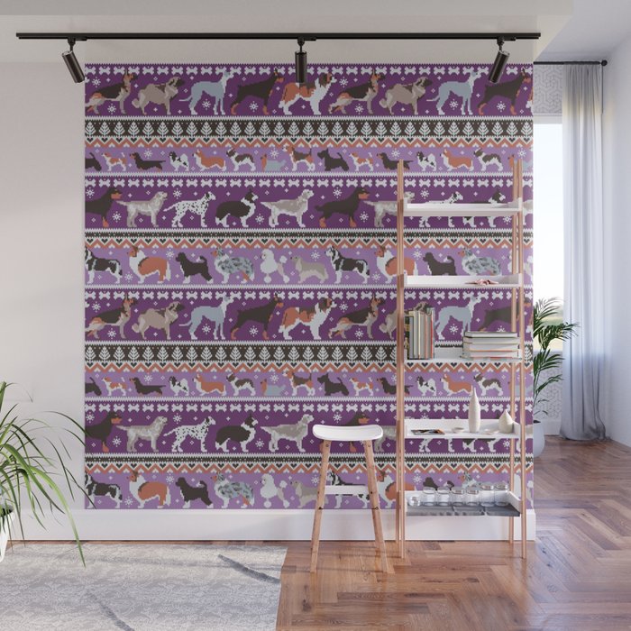 Fluffy and bright fair isle knitting doggie friends // seance purple and east side violet background brown orange white and grey dog breeds  Wall Mural Gallery Image 1