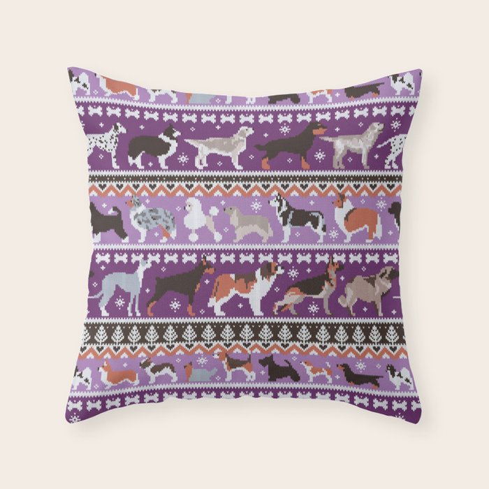 Fluffy and bright fair isle knitting doggie friends // seance purple and east side violet background brown orange white and grey dog breeds  Throw Pillow Gallery Image 6