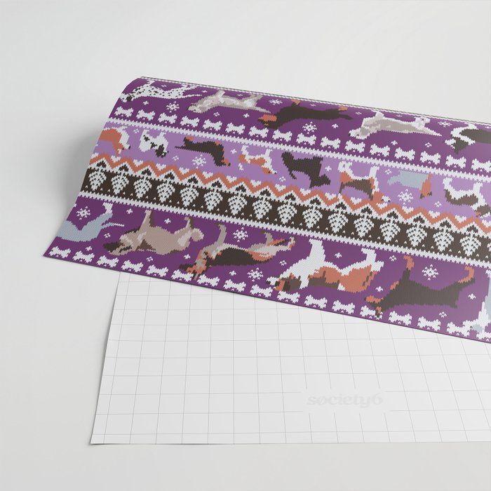 Fluffy and bright fair isle knitting doggie friends // seance purple and east side violet background brown orange white and grey dog breeds  Wrapping Paper Gallery Image 2