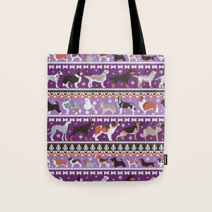Fluffy and bright fair isle knitting doggie friends // seance purple and east side violet background brown orange white and grey dog breeds  Tote Bag Gallery Image 1