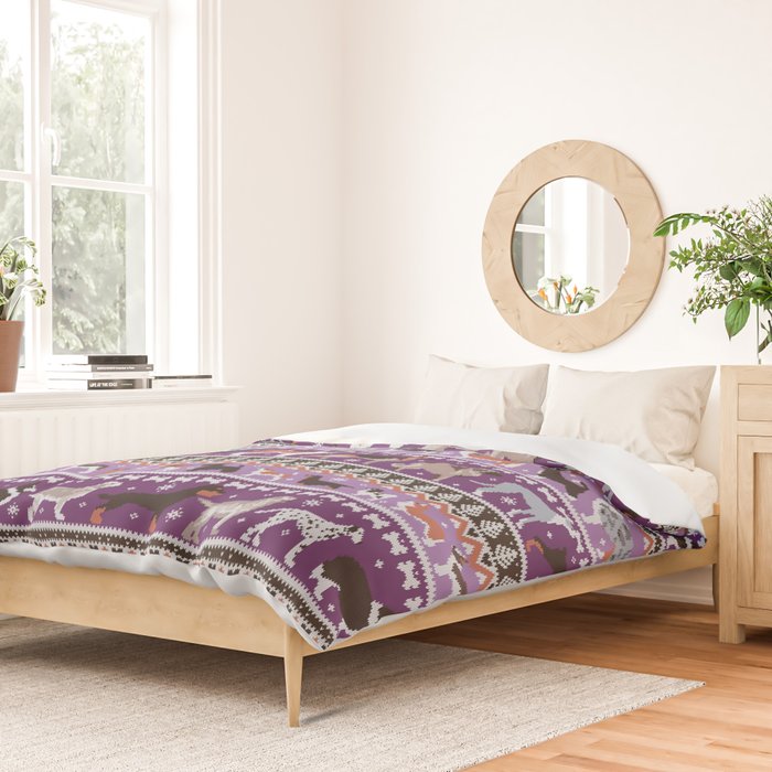 Fluffy and bright fair isle knitting doggie friends // seance purple and east side violet background brown orange white and grey dog breeds  Duvet Cover Gallery Image 2