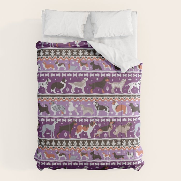 Fluffy and bright fair isle knitting doggie friends // seance purple and east side violet background brown orange white and grey dog breeds  Comforter Gallery Image 1