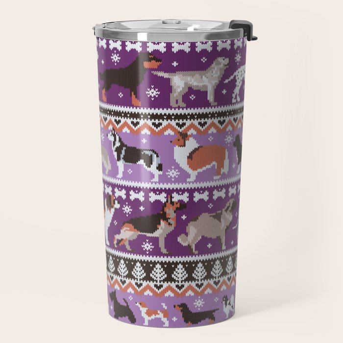 Fluffy and bright fair isle knitting doggie friends // seance purple and east side violet background brown orange white and grey dog breeds  Travel Mug Gallery Image 2