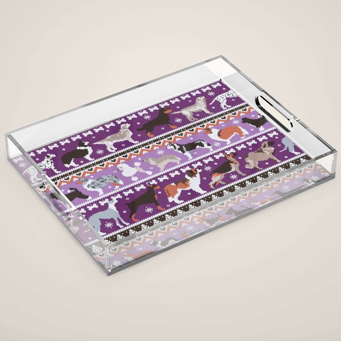 Fluffy and bright fair isle knitting doggie friends // seance purple and east side violet background brown orange white and grey dog breeds  Acrylic Tray Gallery Image 1
