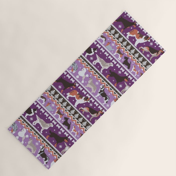 Fluffy and bright fair isle knitting doggie friends // seance purple and east side violet background brown orange white and grey dog breeds  Yoga Mat Gallery Image 1