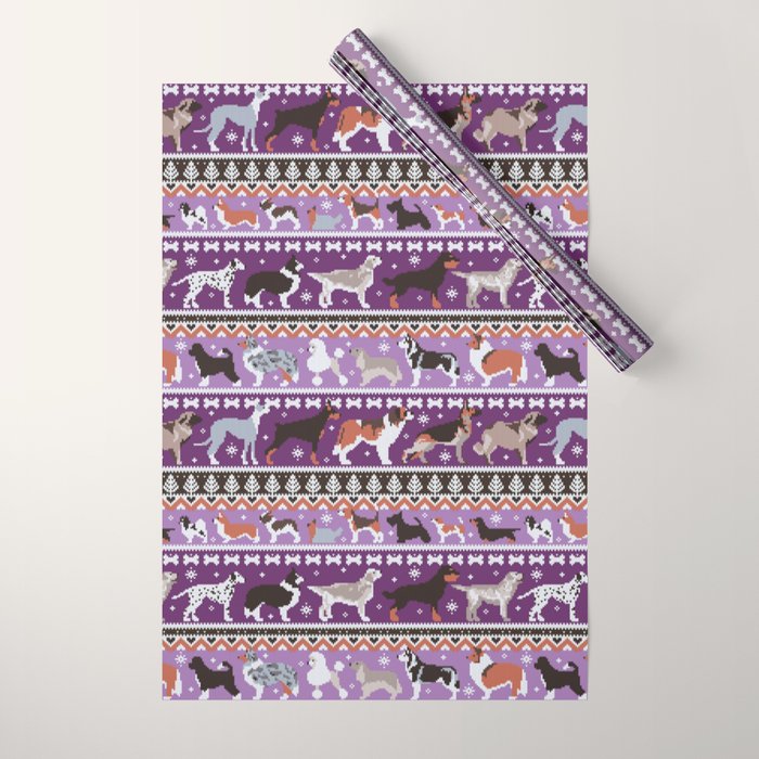 Fluffy and bright fair isle knitting doggie friends // seance purple and east side violet background brown orange white and grey dog breeds  Wrapping Paper Gallery Image 1