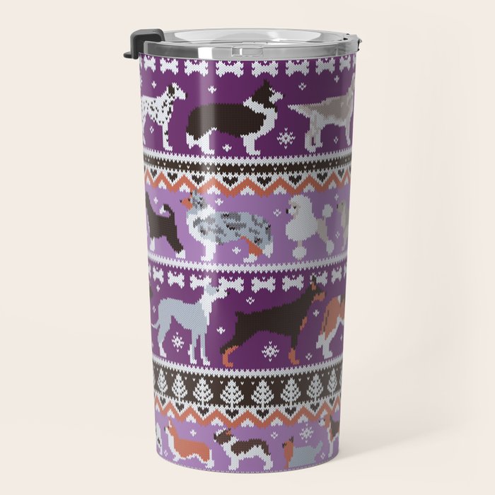 Fluffy and bright fair isle knitting doggie friends // seance purple and east side violet background brown orange white and grey dog breeds  Travel Mug Gallery Image 3