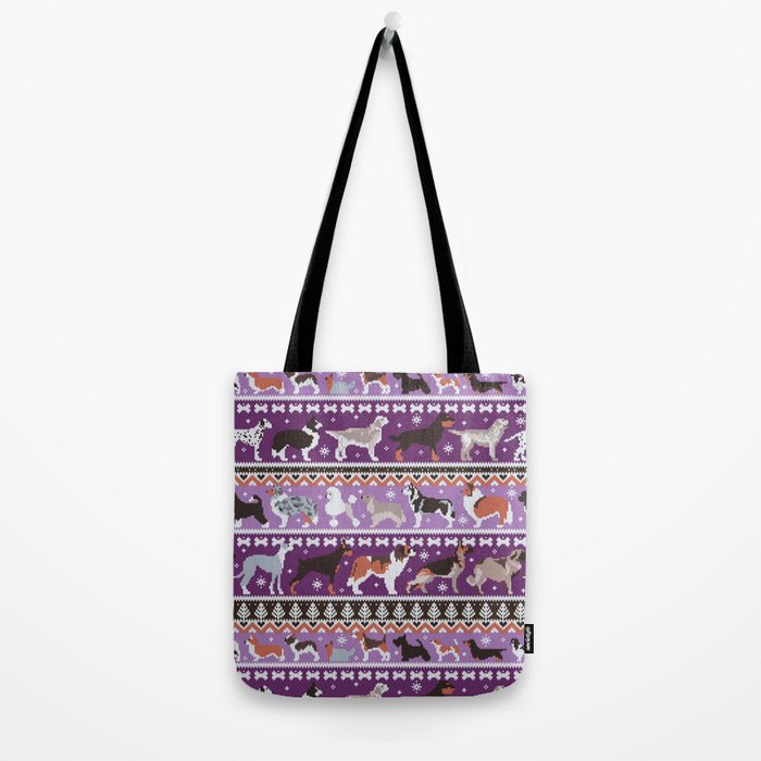 Fluffy and bright fair isle knitting doggie friends // seance purple and east side violet background brown orange white and grey dog breeds  Tote Bag Gallery Image 2