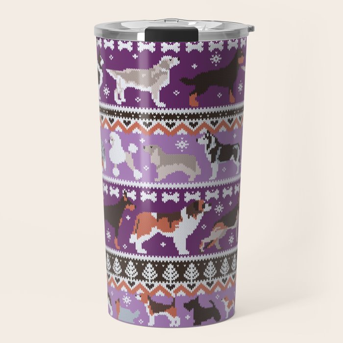 Fluffy and bright fair isle knitting doggie friends // seance purple and east side violet background brown orange white and grey dog breeds  Travel Mug Gallery Image 1