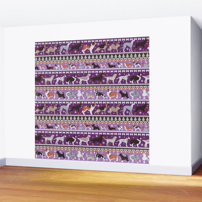 Fluffy and bright fair isle knitting doggie friends // seance purple and east side violet background brown orange white and grey dog breeds  Wall Mural Gallery Image 2