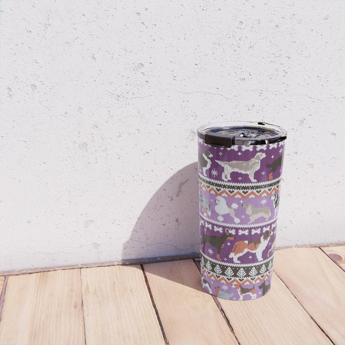 Fluffy and bright fair isle knitting doggie friends // seance purple and east side violet background brown orange white and grey dog breeds  Travel Mug Gallery Image 4