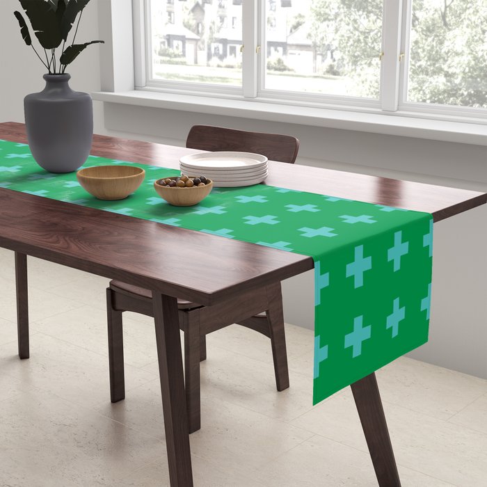 Swiss Cross Symbol in Blue & Green Table Runner Gallery Image 2