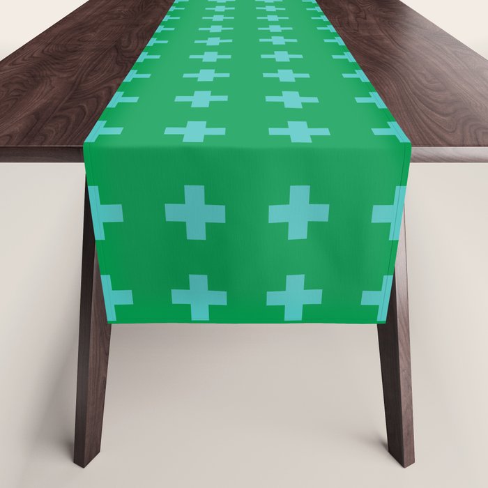 Swiss Cross Symbol in Blue & Green Table Runner Gallery Image 1