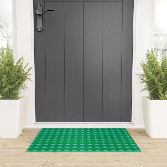Swiss Cross Symbol in Blue & Green Welcome Mat Gallery Image 3