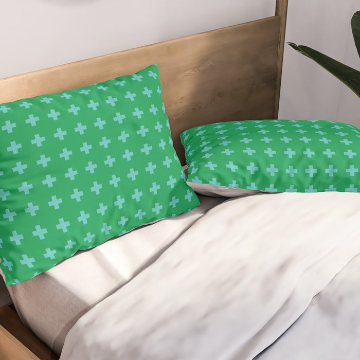 Swiss Cross Symbol in Blue & Green Pillow Sham Gallery Image 2