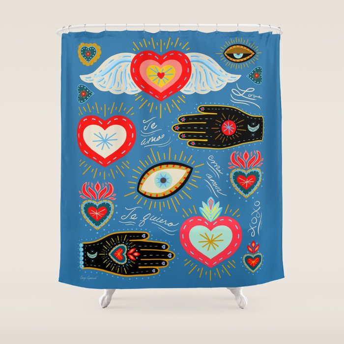 Milagro love hearts - blue Shower Curtain Gallery Image 1