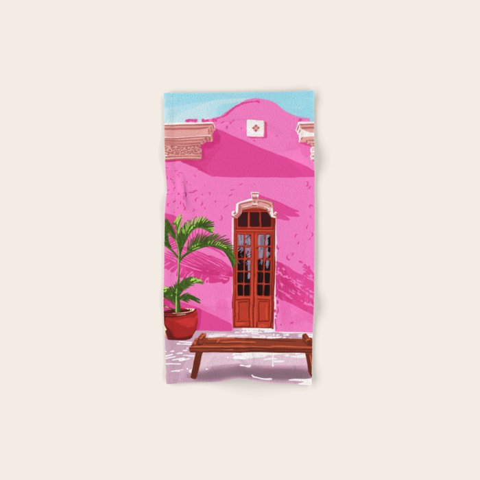 Pink Building Architecture | Pop Art Travel House Painting | Modern Bohemian Décor Spain Palace Bath Towel Gallery Image 1