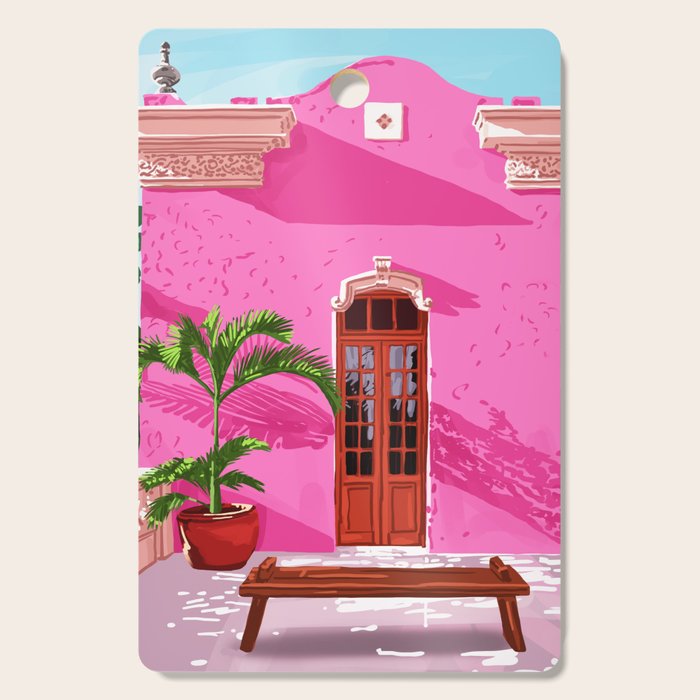 Pink Building Architecture | Pop Art Travel House Painting | Modern Bohemian Décor Spain Palace Cutting Board Gallery Image 1