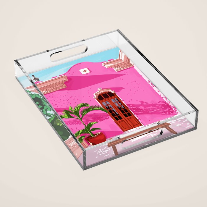 Pink Building Architecture | Pop Art Travel House Painting | Modern Bohemian Décor Spain Palace Acrylic Tray Gallery Image 1