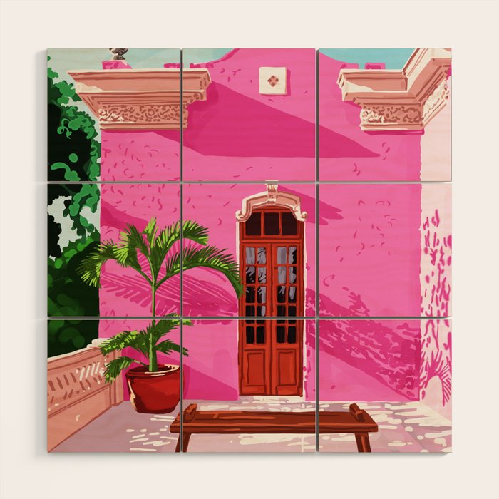 Pink Building Architecture | Pop Art Travel House Painting | Modern Bohemian Décor Spain Palace Wood Wall Art Gallery Image 1