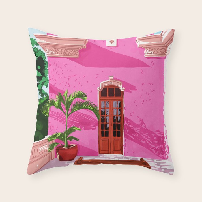 Pink Building Architecture | Pop Art Travel House Painting | Modern Bohemian Décor Spain Palace Throw Pillow Gallery Image 1