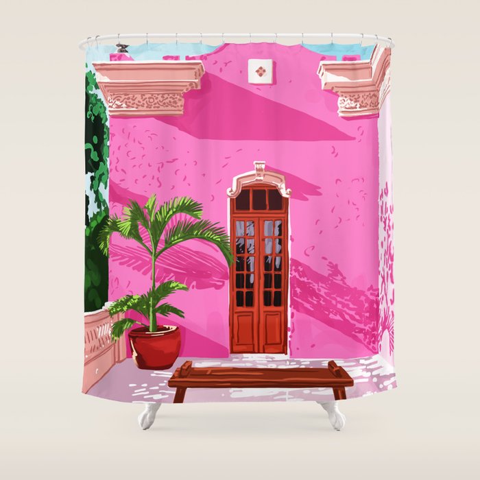 Pink Building Architecture | Pop Art Travel House Painting | Modern Bohemian Décor Spain Palace Shower Curtain Gallery Image 1