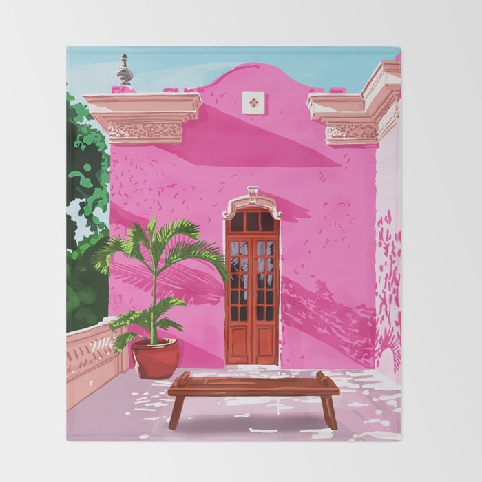 Pink Building Architecture | Pop Art Travel House Painting | Modern Bohemian Décor Spain Palace Throw Blanket Gallery Image 2