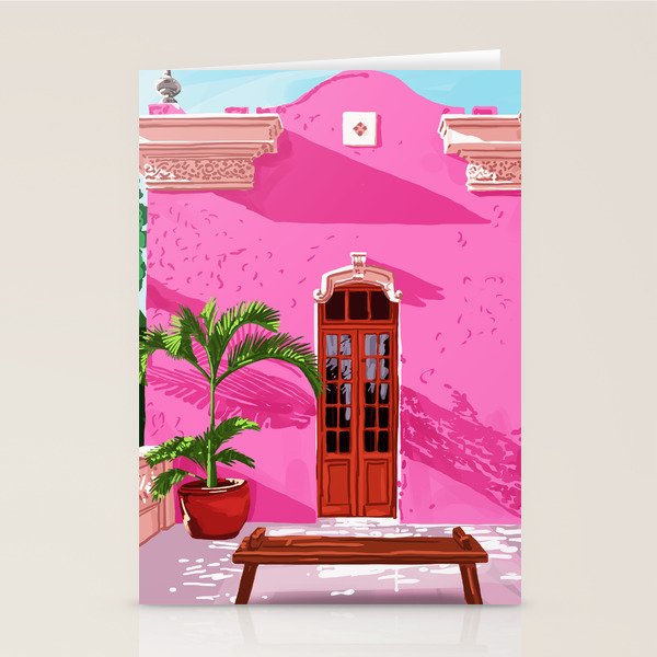 Pink Building Architecture | Pop Art Travel House Painting | Modern Bohemian Décor Spain Palace Stationery Card Gallery Image 1