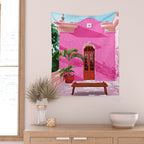 Pink Building Architecture | Pop Art Travel House Painting | Modern Bohemian Décor Spain Palace Wall Tapestry Gallery Image 2