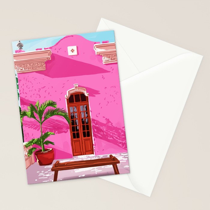 Pink Building Architecture | Pop Art Travel House Painting | Modern Bohemian Décor Spain Palace Stationery Card Gallery Image 2