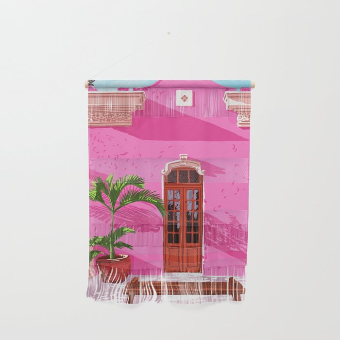 Pink Building Architecture | Pop Art Travel House Painting | Modern Bohemian Décor Spain Palace Wall Hanging Gallery Image 1